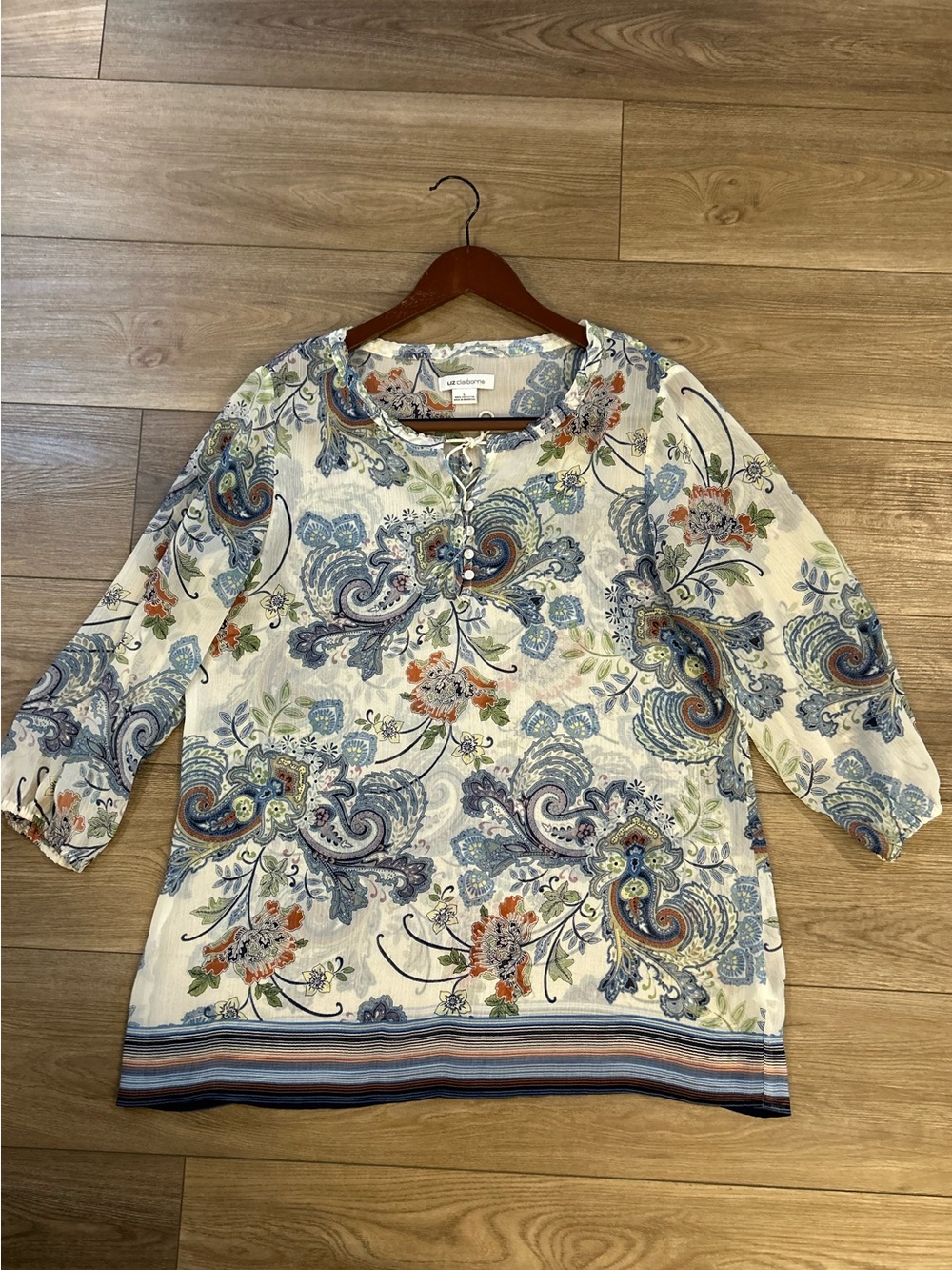 Liz Claiborne Paisley Blouse Boho Peasant Top 3/4 Sleeve Size L